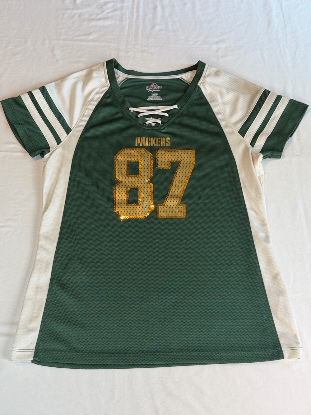 Majestic Green and White Packers #87 Kids Jersey Top with Gold Sequin Number